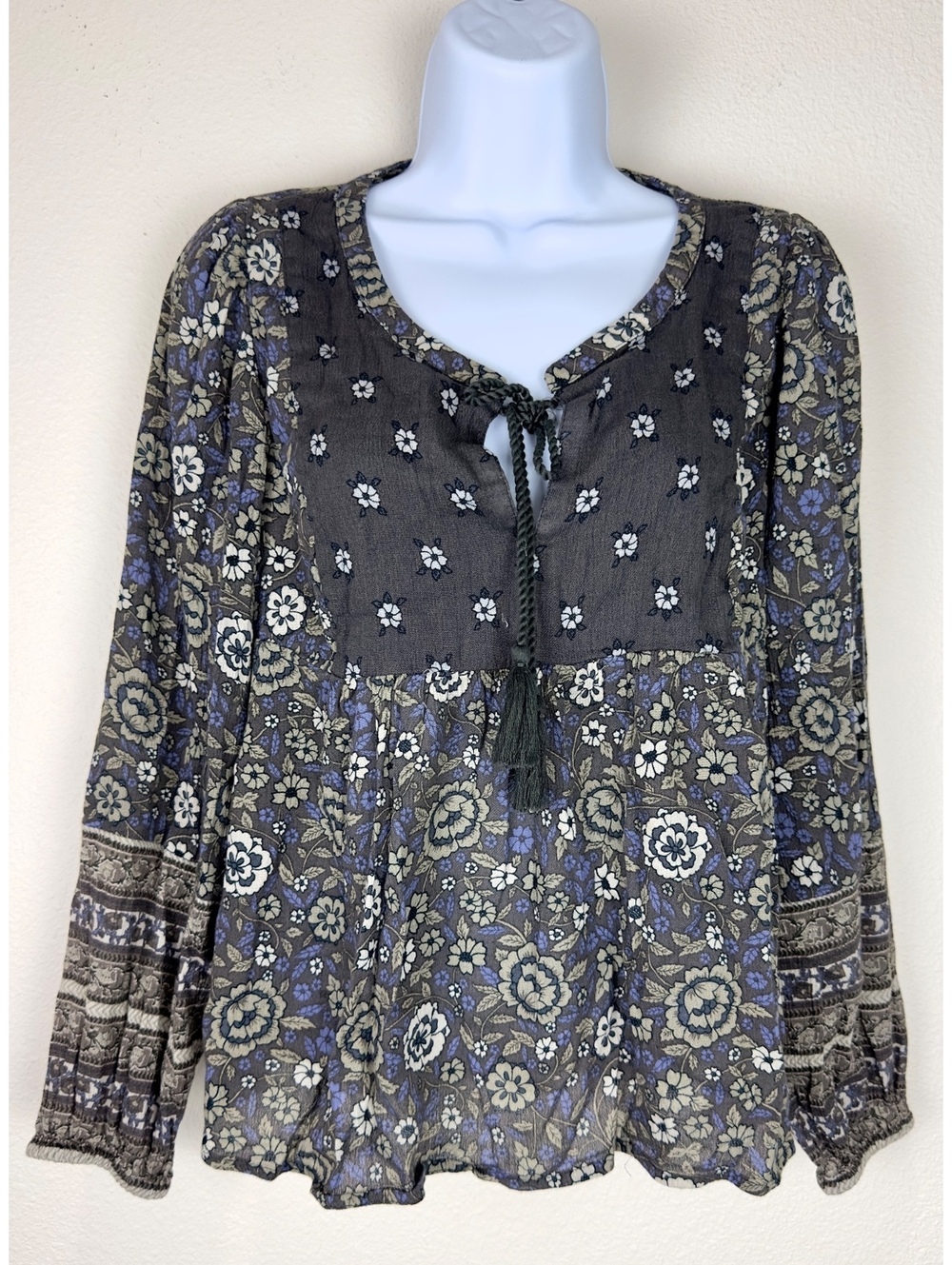 Lucky Brand Womens S Floral Peasant Blouse Boho Tie Neck Tassel Long Sleeve